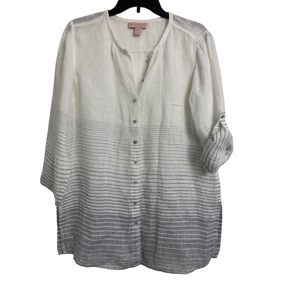 Saint Tropez M West Linen Striped Button Down Tunic Roll Tab Sleeve White Grey